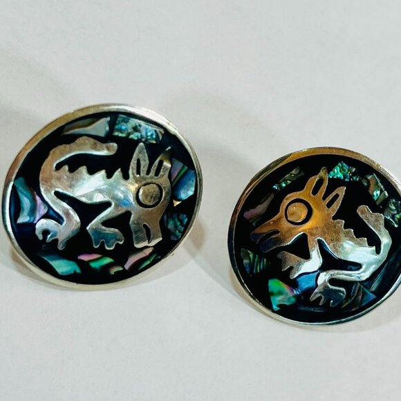 Vtg Large Alpaca Abalone Aztec Cufflinks Traditional Lizard Unique Mexico Jewelr - Picture 3 of 7